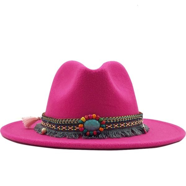 Nouveau-hommes-femmes-large-bord-laine-feutre-Fedora-Panama-chapeau-avec-boucle-de-ceinture-Jazz-Trilby-casquette-fête-formelle-chapeau-haut-de-forme-en-rose,-noir-X-XL