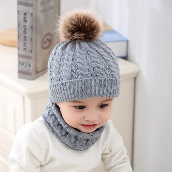 Bonnet écharpe fourrure pompon tricoté pour enfants moins de 3 ans / 2 pièces
